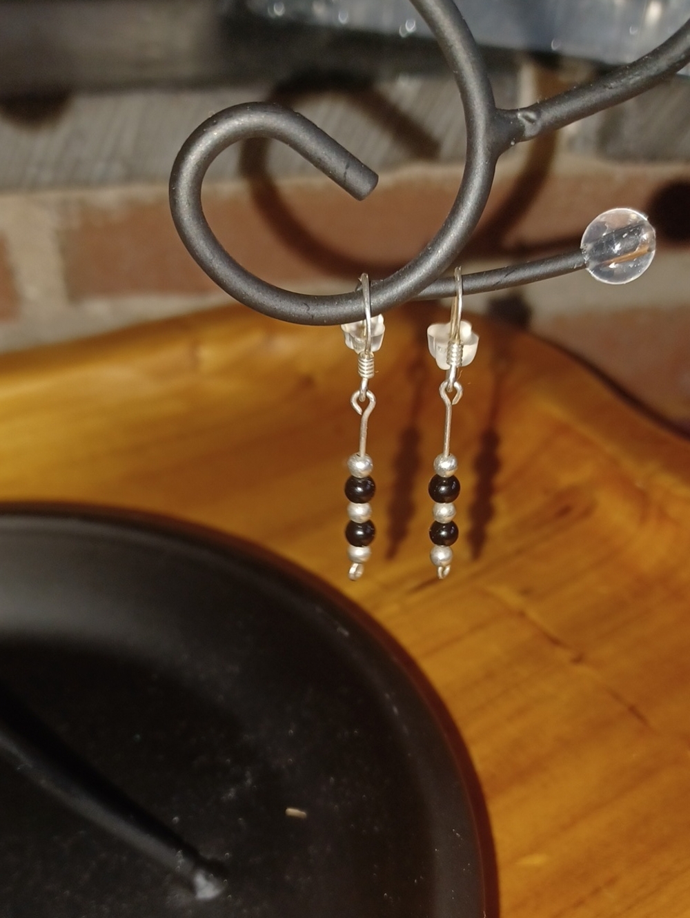Vintage Artisan .925 Sterling Silver Black Gemstone Bead Drop Earrings 4.4cm